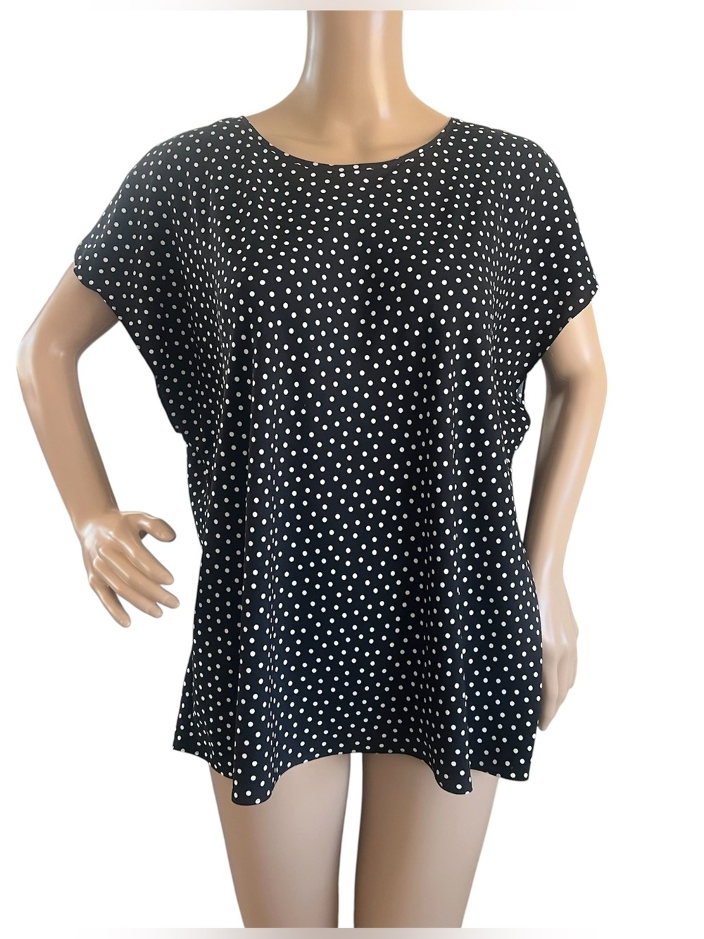 Express black cap sleeve blouse white polka dot pattern